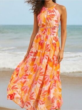 Vibrant Pink & Orange Floral Halter Maxi Dress length 49 p2p 16 no stretch
